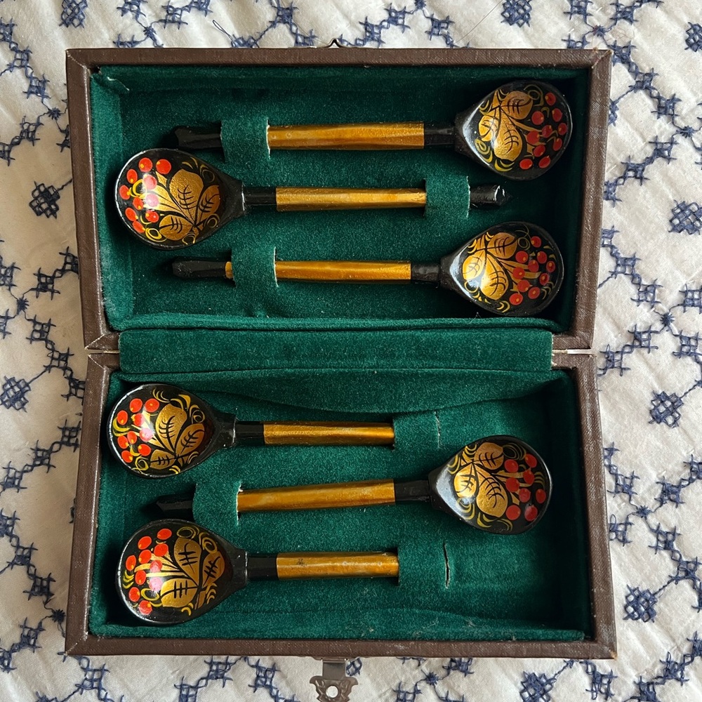 Six hand-painted Vintage Khokhloma wooden spoons